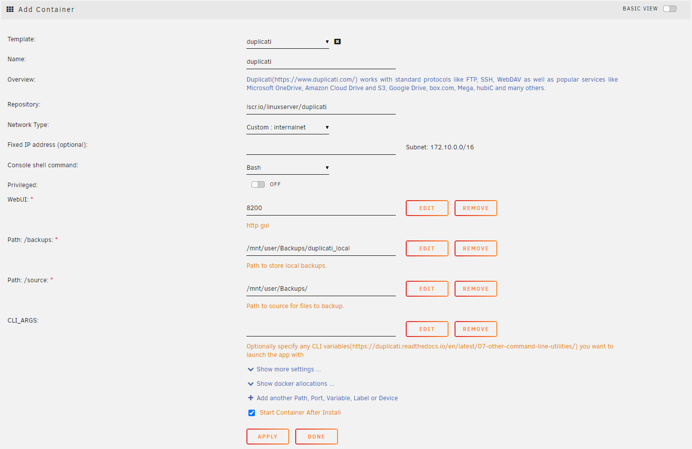 Unraid Container Configuration